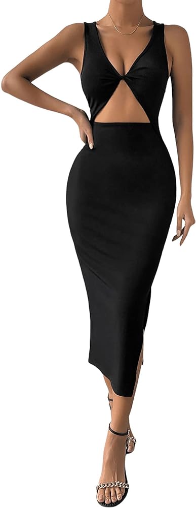 Verdusa Women's Cut Out Twist Front Split Thigh Deep V Neck Midi Bodycon Tank Dress