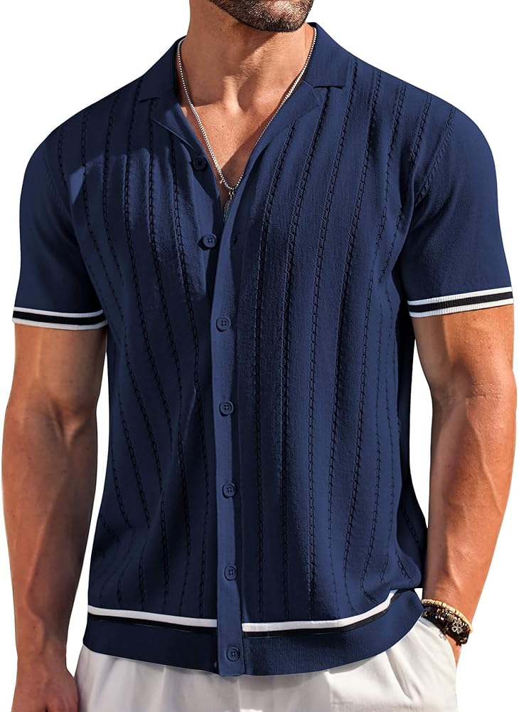 COOFANDY Men's Short Sleeve Knit Shirt Casual Button Down Shirt Vintage Striped Knitted Golf Beach Tops