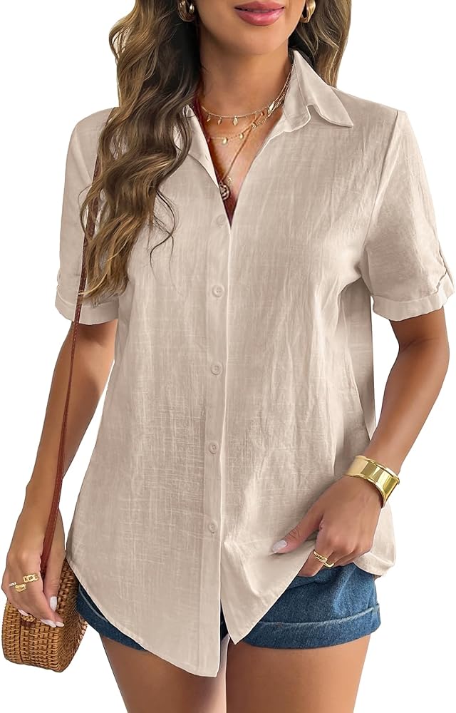 Zeagoo Women Linen Button Down Shirt Rolled Cuffed Short Sleeve Blouse Ladies Summer Casual V Neck Beach Cotton Tops