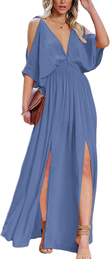 DEEP SELF Women Summer V Neck Cold Shoulder Short Sleeve Maxi Dress High Waist Split Wedding Guest Long Dress