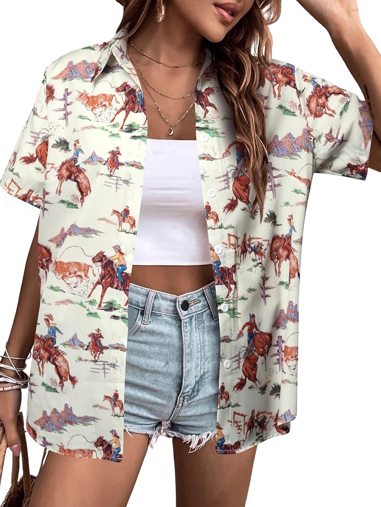 QLIPIN Western Cowgirl Hawaii Shirts Women: Retro Cowgirls Hawaiian Shirt Summer Vacation Button Down Short Sleeve Blouse