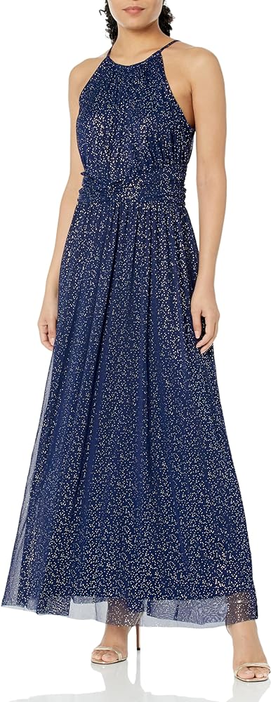 London Times Women's Mesh Halter Maxi with Ruched Waistband Event Guest of Occasion Garden Party