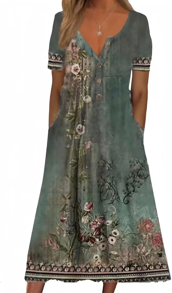 Womens Summer Dresses 2024 Boho Floral Maxi Dress Short Sleeve Button Up Tshirt Dress Long Sundresses with Pockets