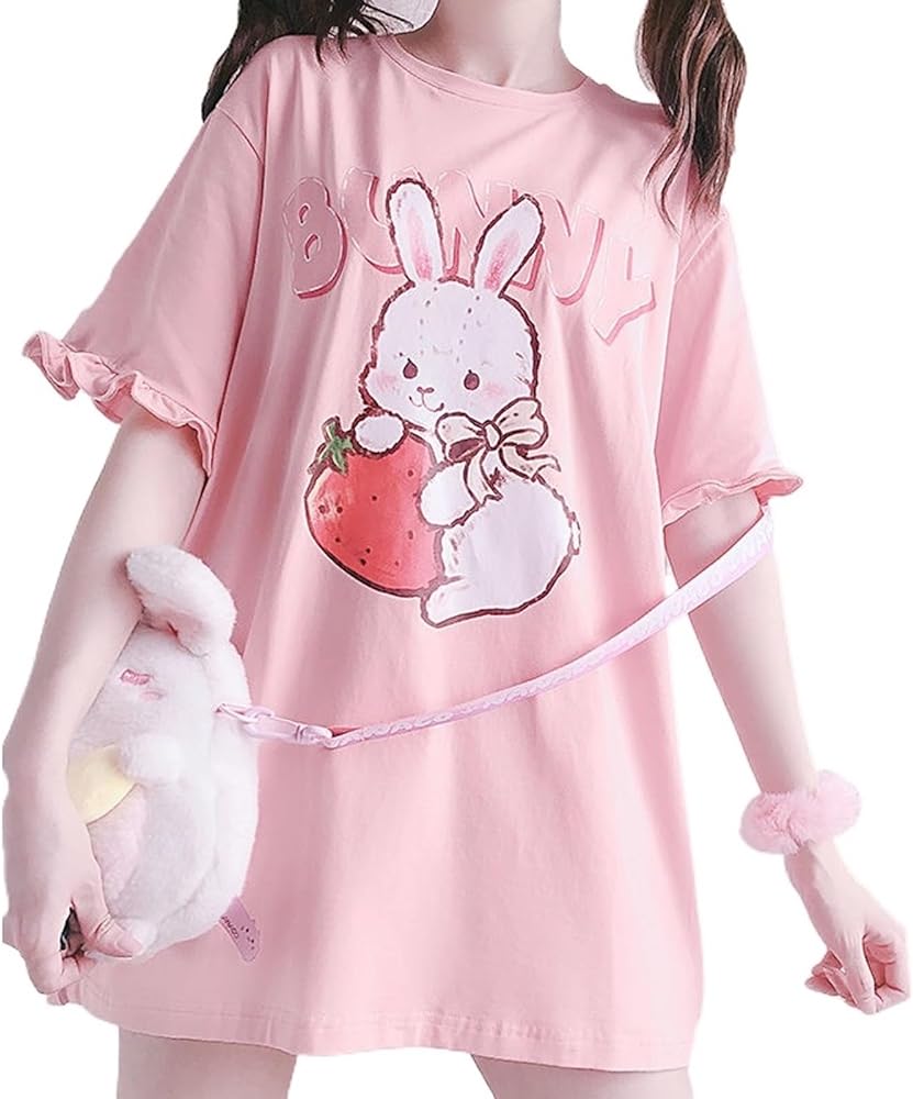 Kawaii Oversized T-Shirt Cute Pink Anime Shirt Japanese Harajuku Tee Rabbit Cat Teen Girl Plus Size