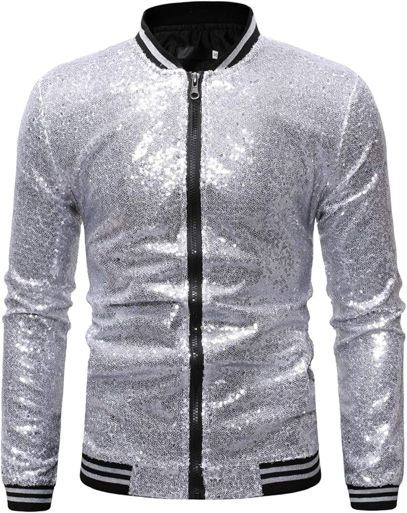 Omoone Men's Zip Up Mermaid Sequin Lightweight Shiny Clubwear Bomber Jacket