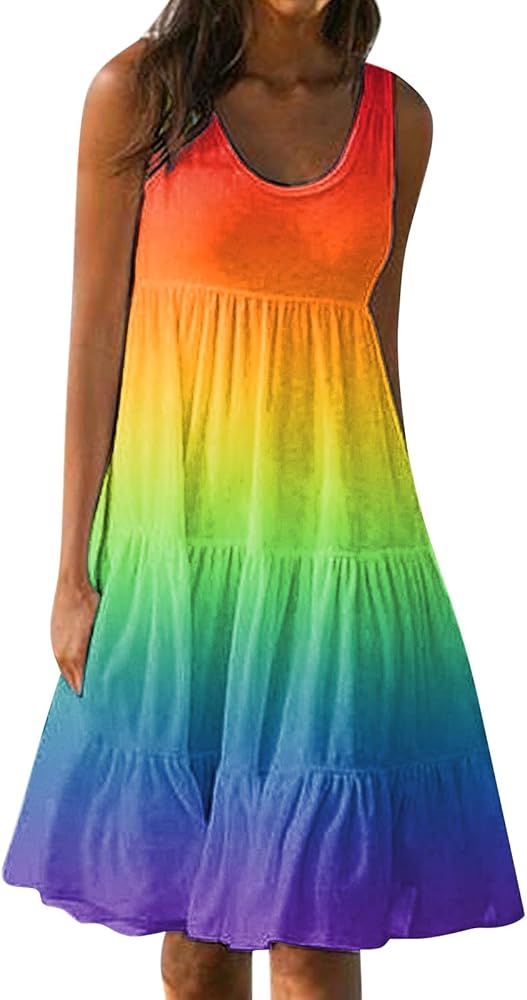 Beach Dresses for Women 2024 Summer Sleeveless Scoop Neck Mini Dress Casual Tiered Swing Dress Vacation Tank Sundress