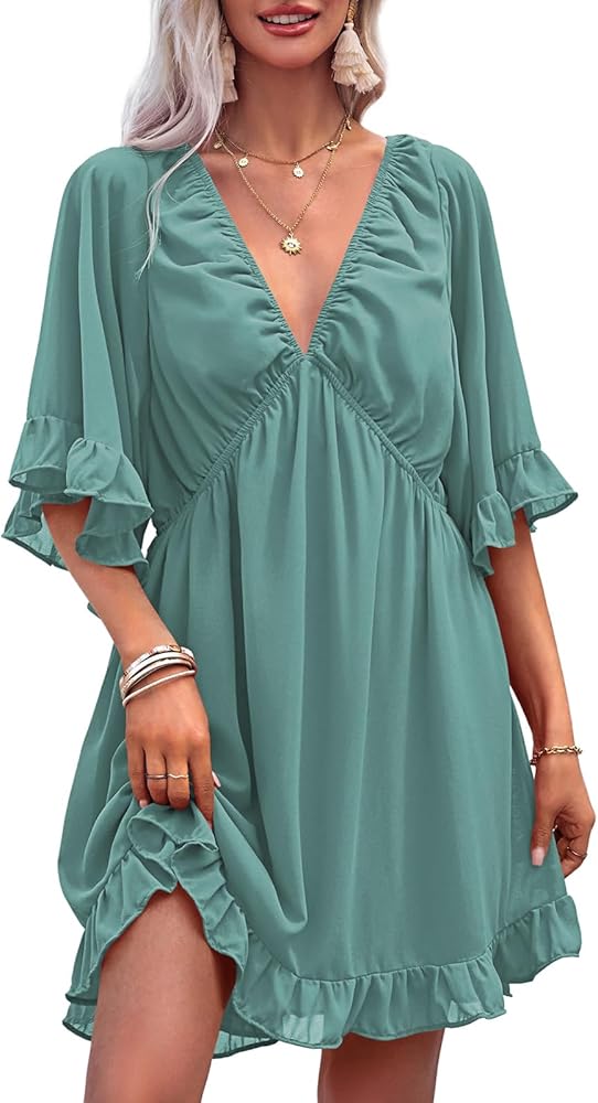 Fisoew Womens Summer Deep V Neck Mini Dress Backless Casual Loose Ruffle Flowy Sundress