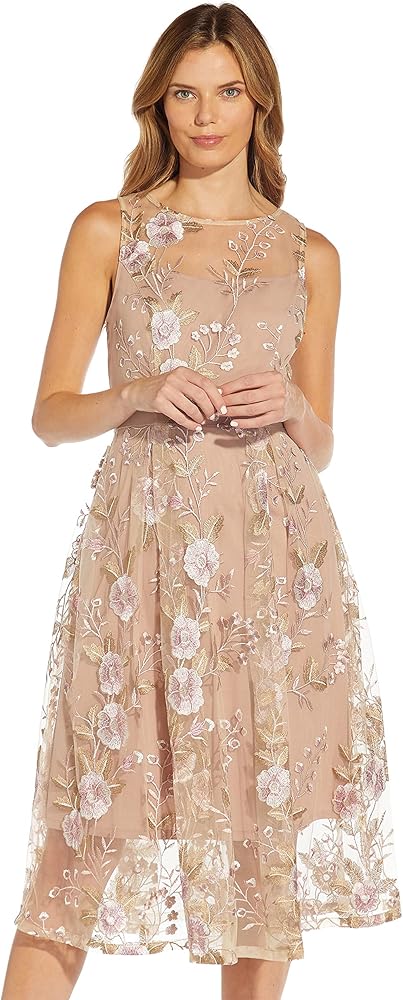 Adrianna Papell Women's Floral Embroidery Flared Dress