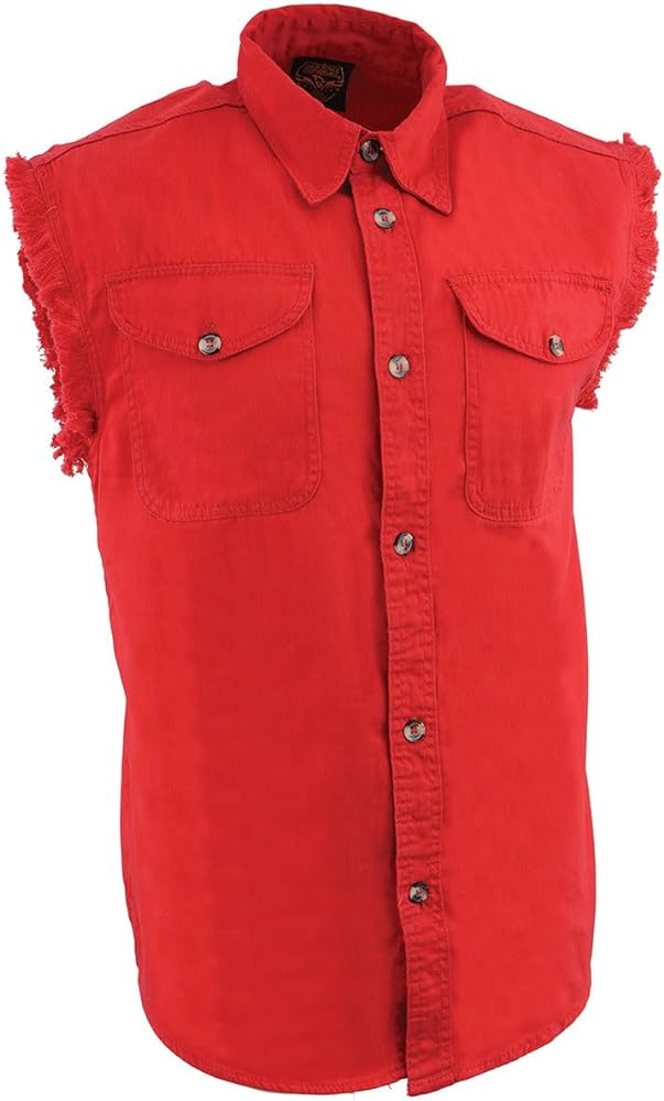 Milwaukee Leather DM4007 Men's Red Lightweight Denim Shirt with Frayed Cut Off Sleeveless - 3X-Large