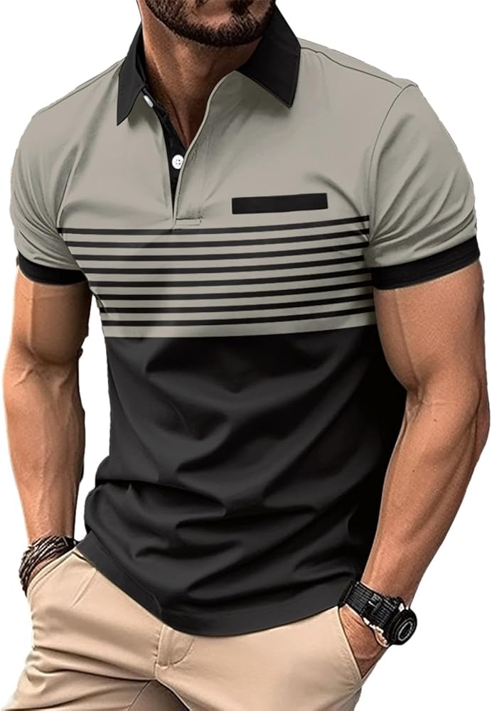 Mens Fashion Color Block Polo Shirts Casual Short Sleeve T Shirt Striped Moisture Wicking Golf Shirts Tops