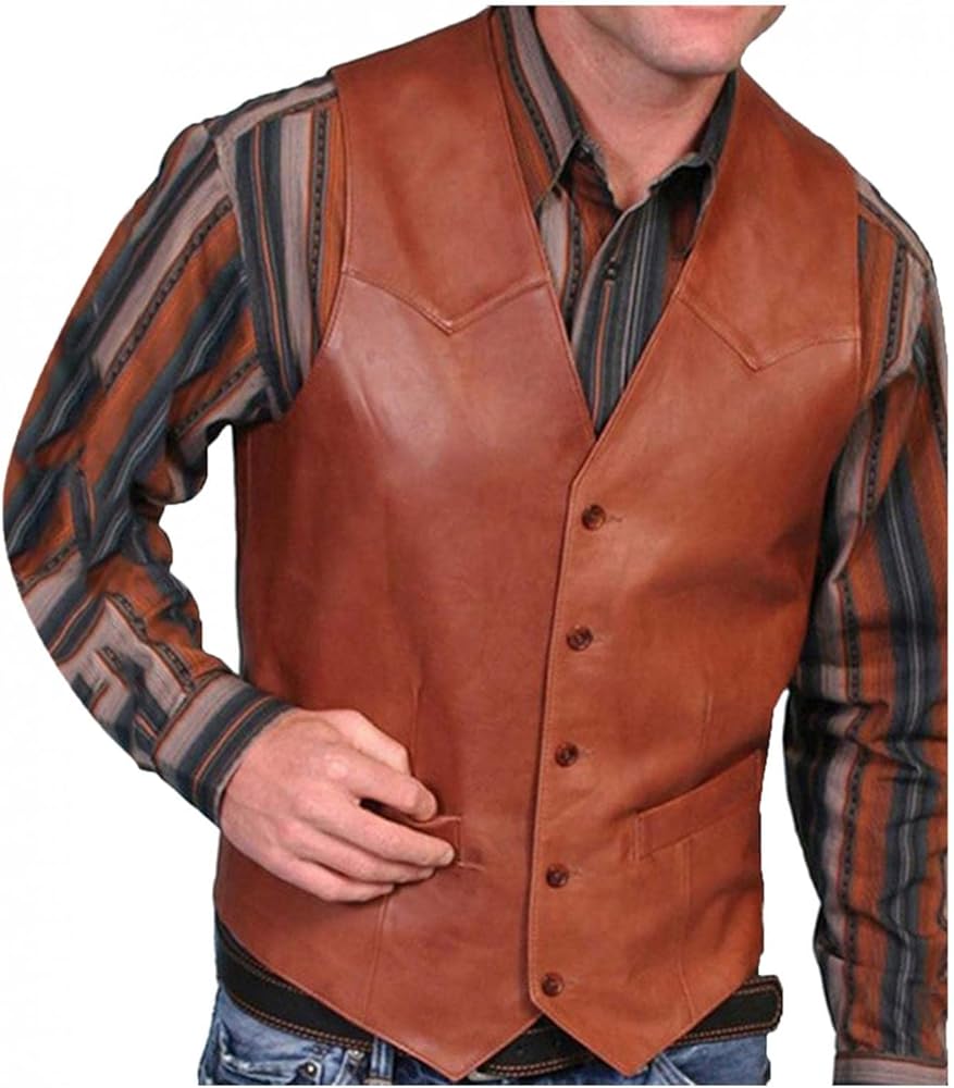 Vintage Leather Vest for Men Casual V Neck Button Down Waistcoat Slim Fit Western Cowboy Vest Sleeveless Jacket Winter