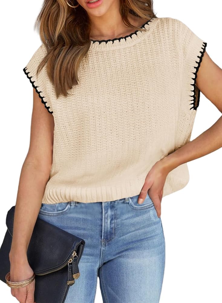 EVALESS Womens Cap Sleeve Sweater Vest Summer Crewneck Short Sleeve Sweaters for Women 2024 Lightweight Casual Knit Tops