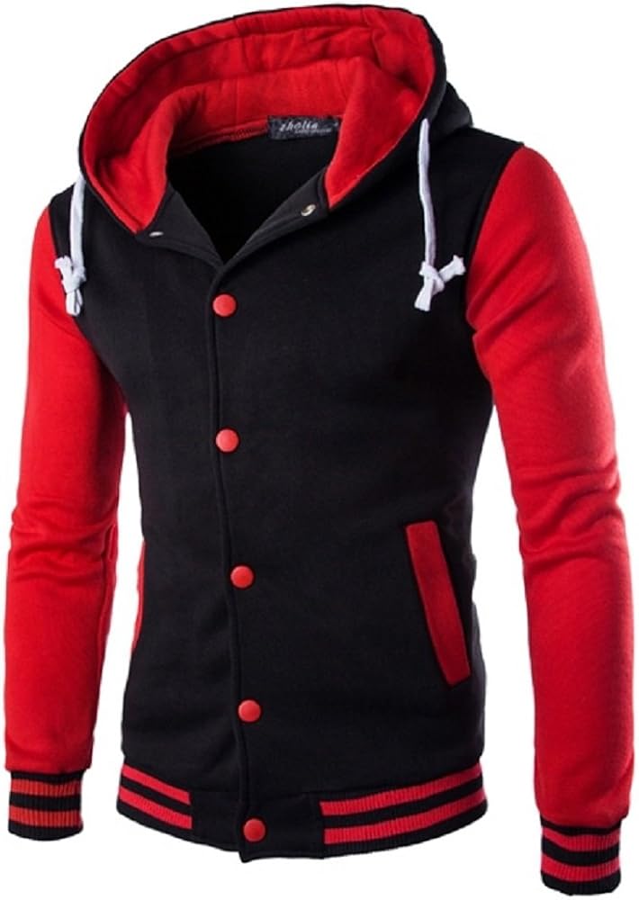 Men’s Slim Fit Hoodie Varsity Baseball Button Through Jacket with Hooded