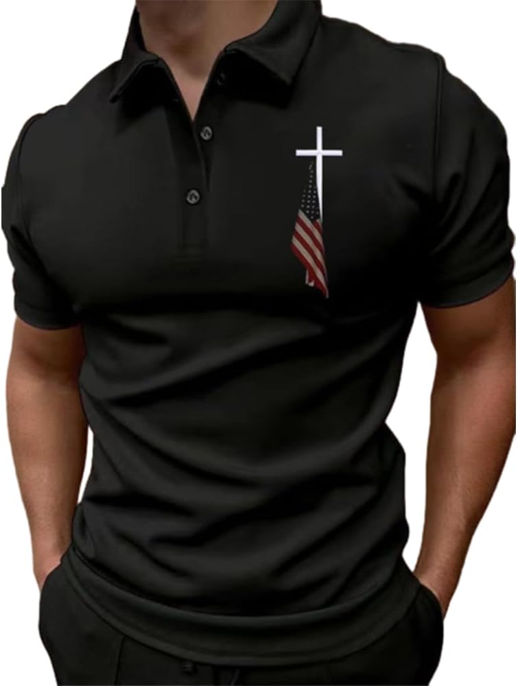 American Flag Polo Shirt Men 4th of July Christian USA Flag American Cross Tee