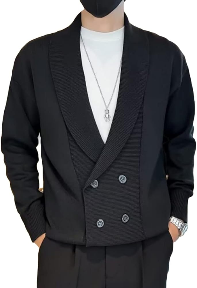 HZCX FASHION Men Shawl Collar Double Breasted Cardigan Sweater Knit Jacket Blazer