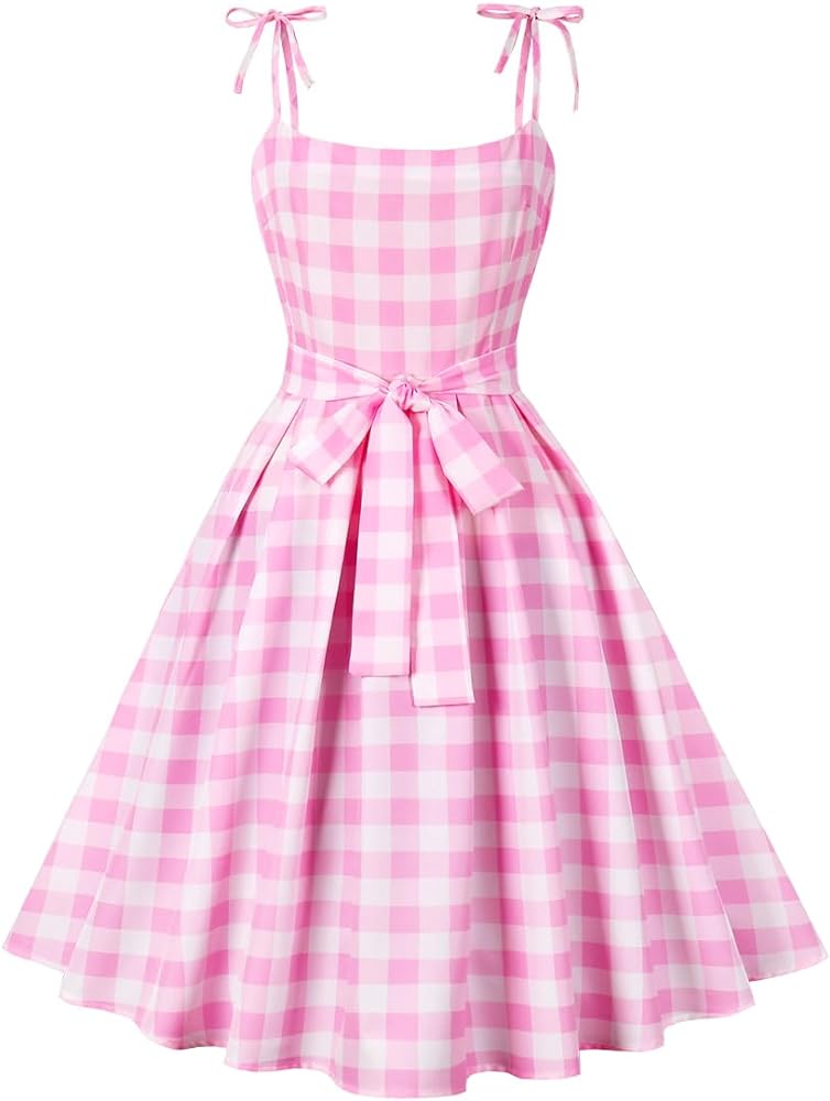 ODASDO Pink Gingham Dress for Women Vintage Rockabilly 1950s Spaghetti Strap A-line Swing Midi Cocktail Party Pageant Dress