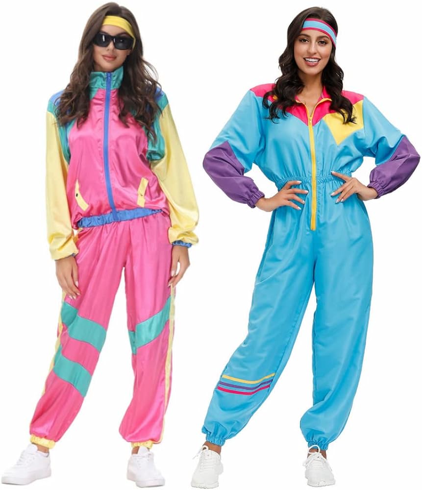 Womens 80s Tracksuit Retro Hip Hop Windbreaker Women Disco Tracksuit Sets Colorblock One Piece Outfits Set