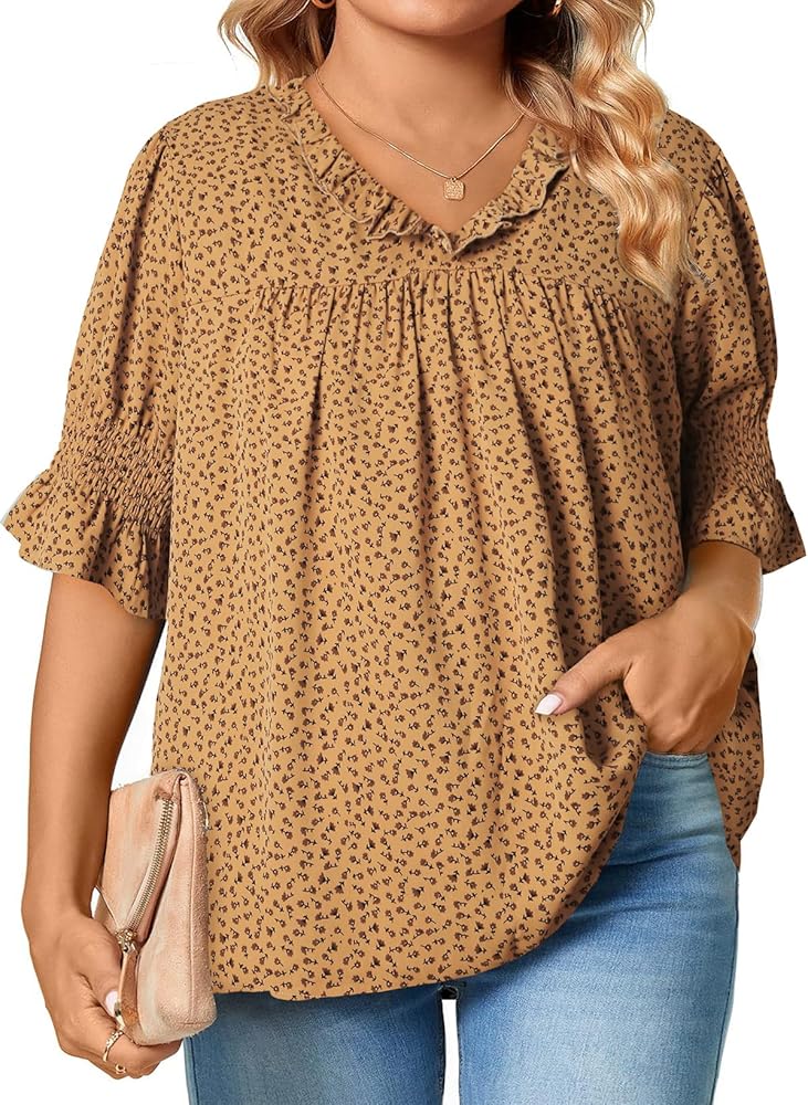 Eytino Womens Plus Size Floral Print Blouses V Neck Ruffle Flowy Short Sleeve Shirts Babydoll Casual Tunic Tops(1X-5X)