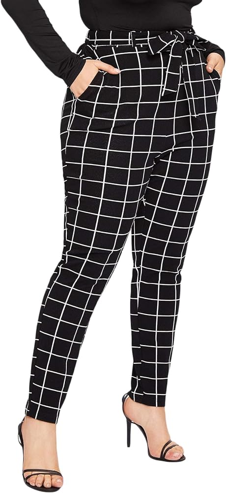 Floerns Women's Plus Size Plaid Pants Leggings Stretchy Elastic Waist Work Skinny Pants