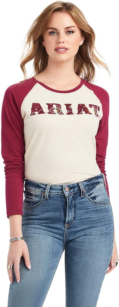 Ariat Female REAL Ariat Baseball Shirt Oatmeal Heather/Beet Red Small