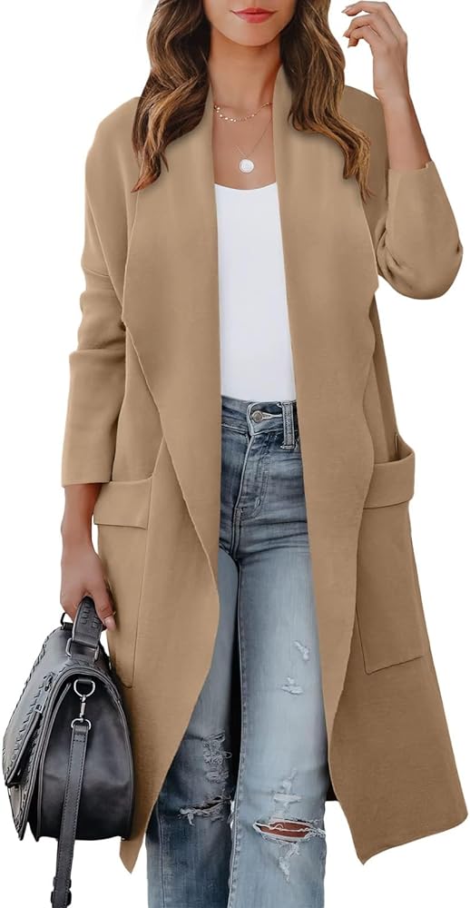 ANRABESS Women's Casual Long Sleeve Draped Open Front Knit Pockets Long Cardigan Jackets Sweater