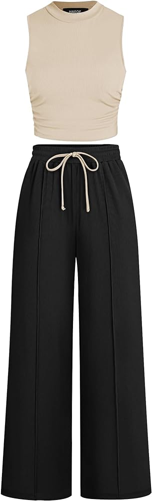 HAEOF Women's Summer 2 Piece Outfits Ribbed Knit Sleeveless Crop Tops Elastic High Waist Wide Leg Pants Matching Lounge Set