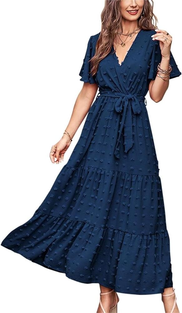 MASCOMODA Womens Boho Swiss Dot Maxi Dresses Wrap V Neck Flutter Short Sleeve Solid Tie Belt A Line Tiered Flowy Long Dresses