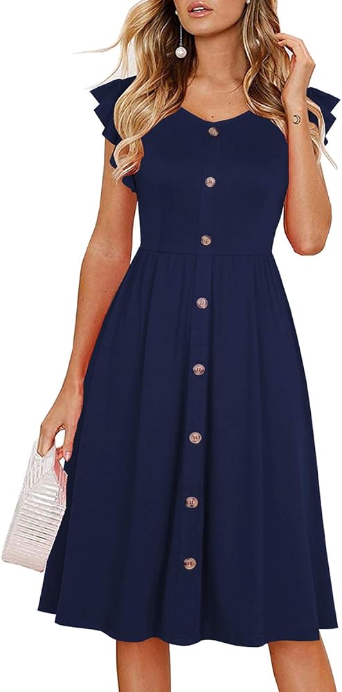 Lamilus Women's Casual Summer Ruffle Sleeve V-Neck Button Down A-Line Swing Party Dress