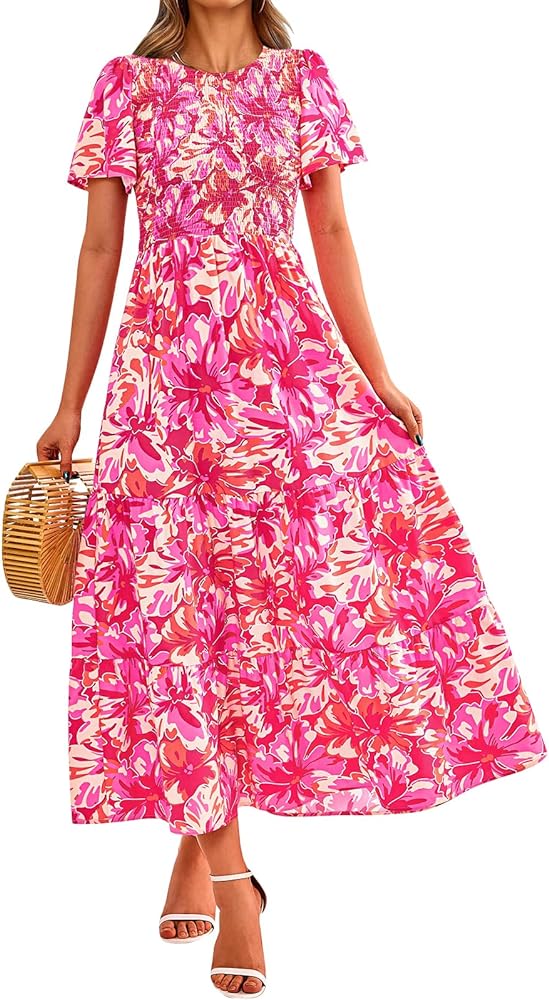 PRETTYGARDEN Women's 2024 Summer Casual Flutter Short Sleeve Boho Floral Maxi Dress Crew Neck Smocked Tiered Long Dresses