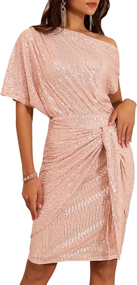 GRACE KARIN Women's Sequin Sparkly Glitter Party Club Dress One Shoulder Ruched Cocktail Bodycon Dress