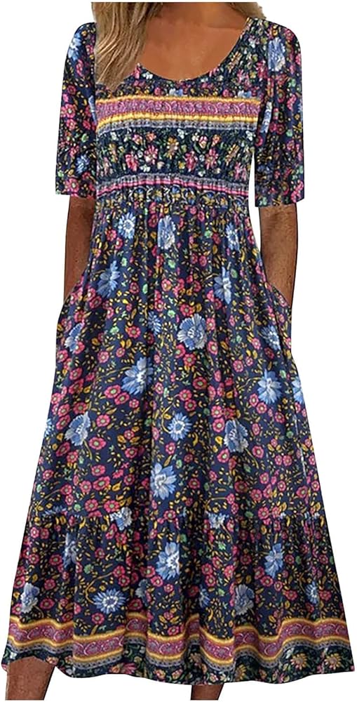 Womens Summer Dresses Boho Floral Tshirt Dress Casual Pleated A Line Flowy Midi Dress with Pockets Comfy Beach Dress