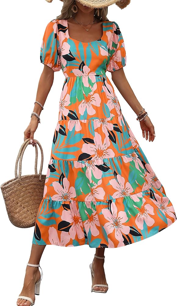 BTFBM Women's Boho Summer Dresses Short Sleeve Floral Print Smocked Tie Back Tiered A-Line Flowy Cruise Vacation Dress