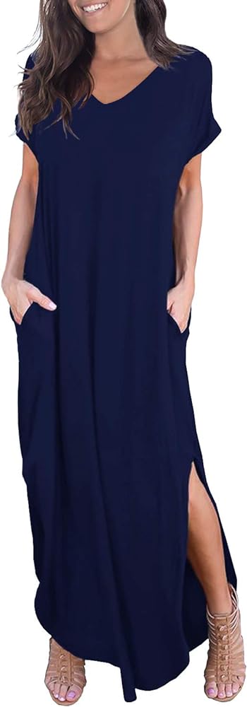 GRECERELLE Women's Casual Loose Pocket Long Dress Short Sleeve Split Maxi Dresses