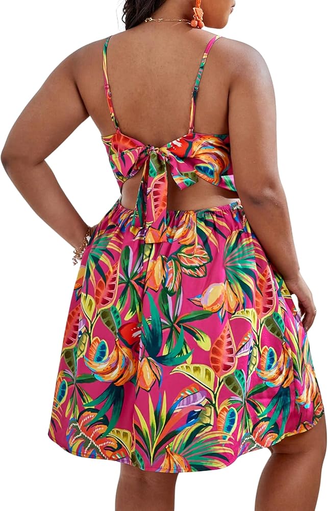 Floerns Women's Plus Size Tropical Print Cut Out Tie Backless Cami Summer Dress