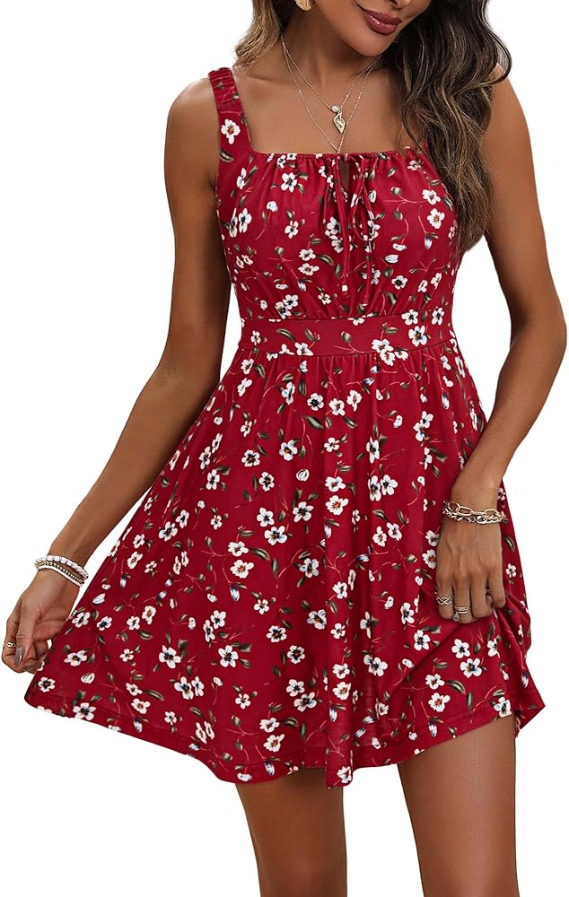 Loemes Women's Summer Casual Sundress 2024 Square Neck Mini Dress with Pocket Cute Sleeveless Flowy Summer Dress