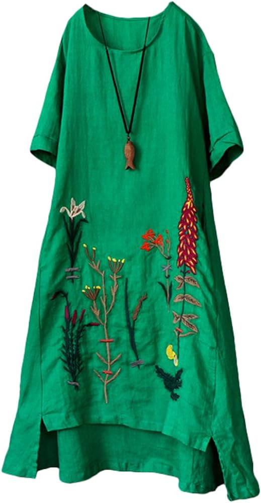 Minibee Women's Embroidered Linen Dress Summer A-Line Sundress Hi Low Tunic Clothing