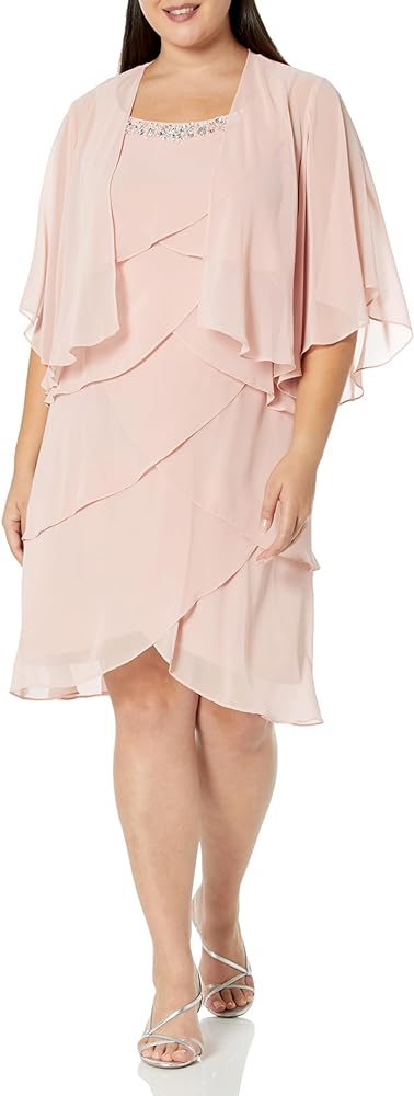 S.L. Fashions Women's Plus Size Chiffon Tier Jacket Dress with Beaded Neckline