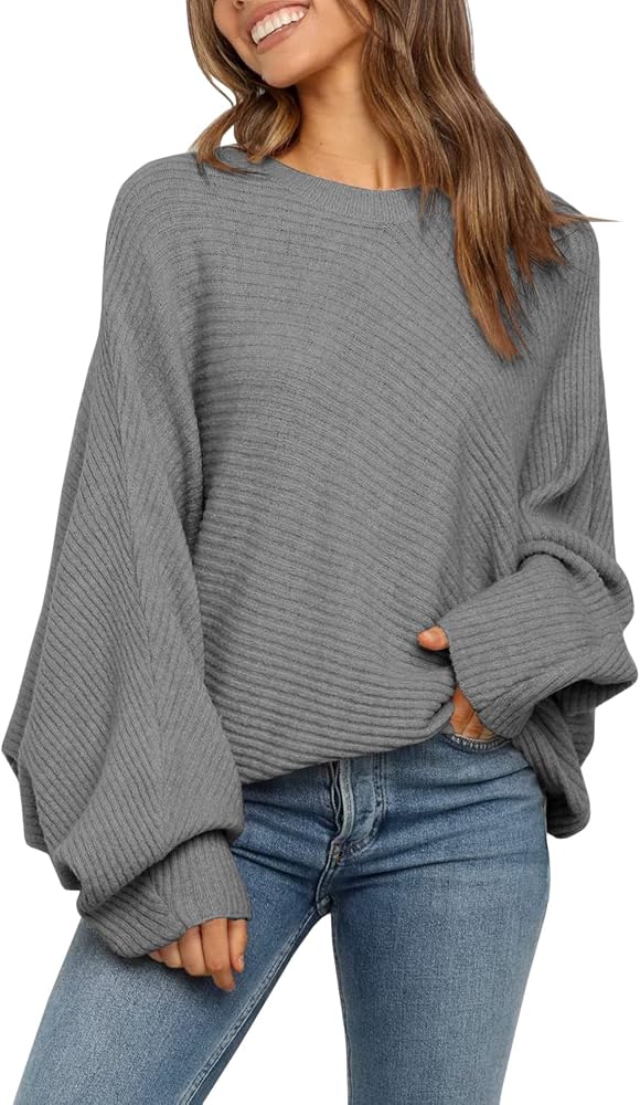 Mafulus Women's Oversized Crewneck Sweater Batwing Puff Long Sleeve Cable Slouchy Pullover Jumper Tops