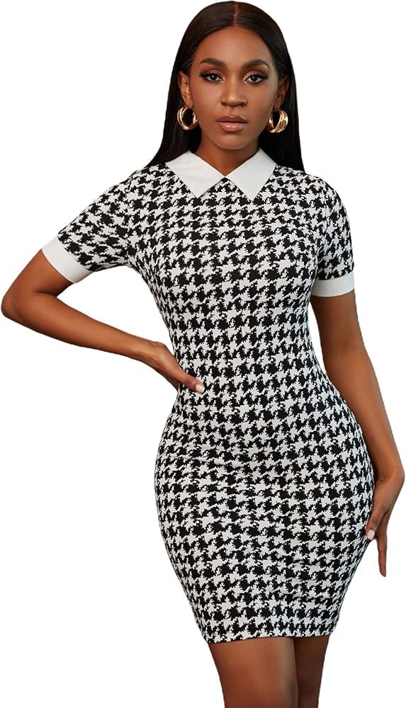 Floerns Women's Houndstooth Print Contrast Collar Short SLeeve Bodycon Mini Dress