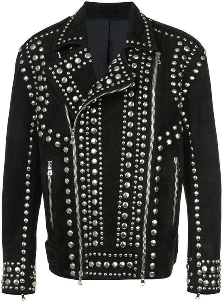 Mens Brando Punk Rock Studded Suede Leather Jacket - Motorcycle Black Spikes Leather Jacket