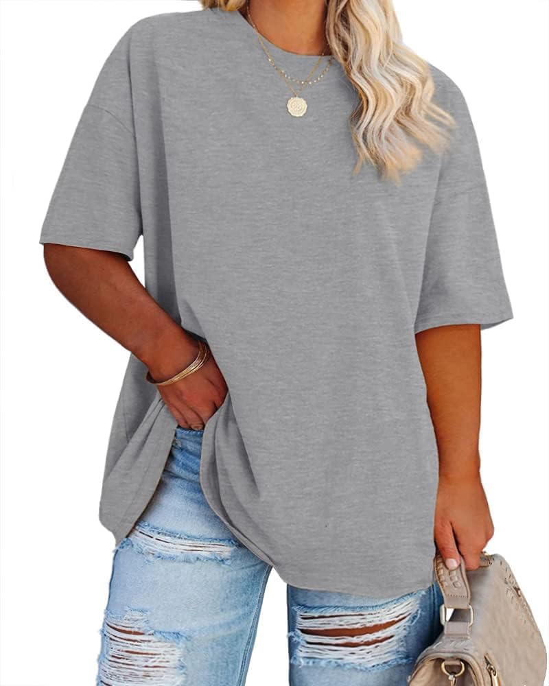 Fisoew Women's Plus Size T Shirts Oversized Tees Summer Half Sleeve Crew Neck Tunic Tops