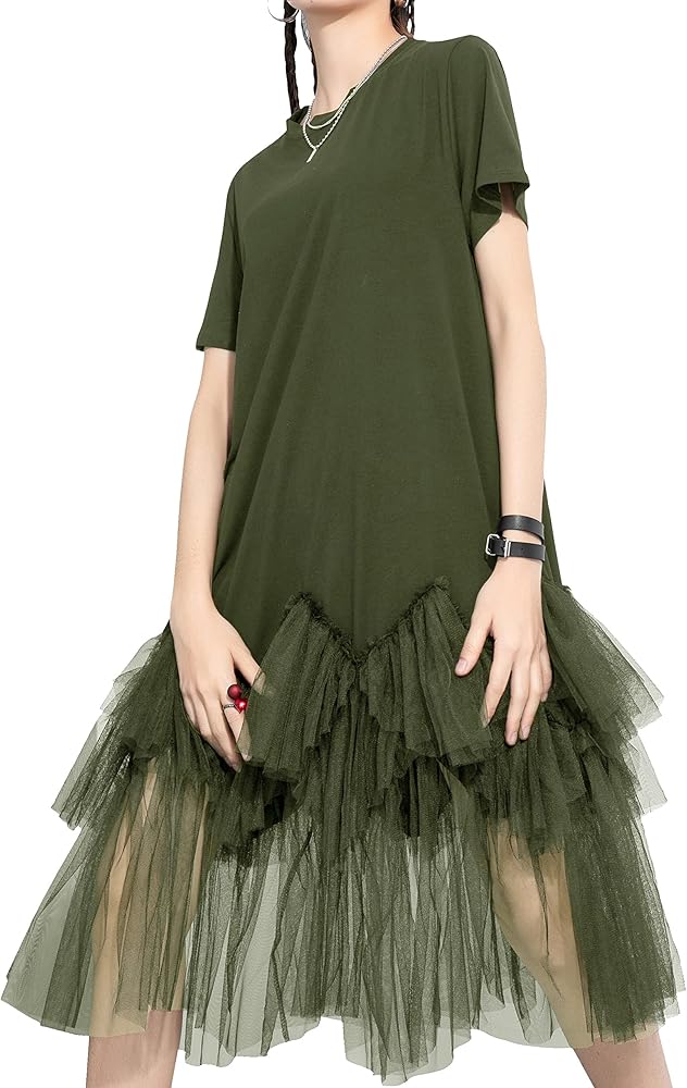 ellazhu Women's Casual Short Sleeve Crew Neck Tutu Tulle Dress with an Oversized Fit GY2266