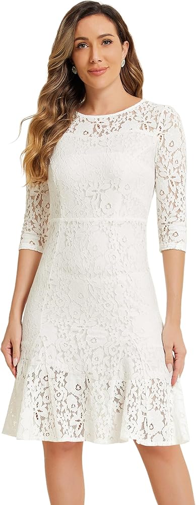 Allegra K Elegant Lace Dress for Women's 3/4 Sleeves Ruffles Bodycon Fishtail Dress