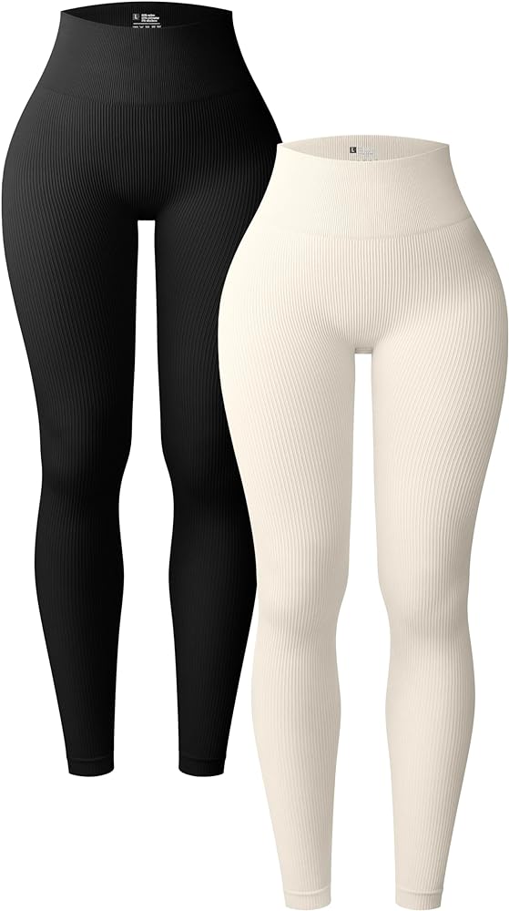 OQQ Women's 2 Piece Yoga Leggings Ribbed Seamless Workout High Waist Athletic Pants