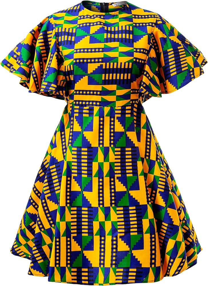 Womens African Vintage Ruffle Trim Sleeve Ankara Tunic Swing Dress