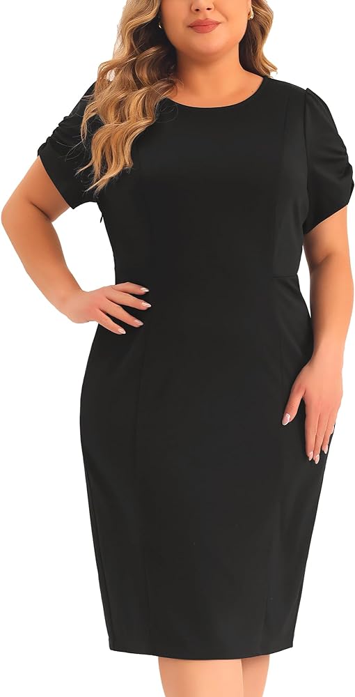 Agnes Orinda Plus Size Dress for Women Short Sleeve Above The Knee Sheath Dress Office Wear to Work Dresses