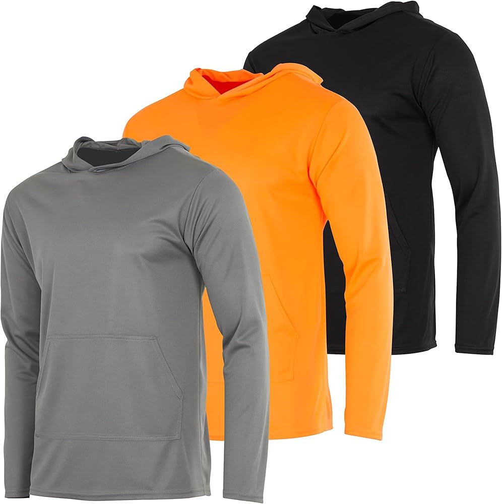 Real Essentials 3 Pack: Men's Mesh Long Sleeve Athletic Pullover Hoodie Sweatshirt Pockets UPF 50+ (Available In Big & Tall)