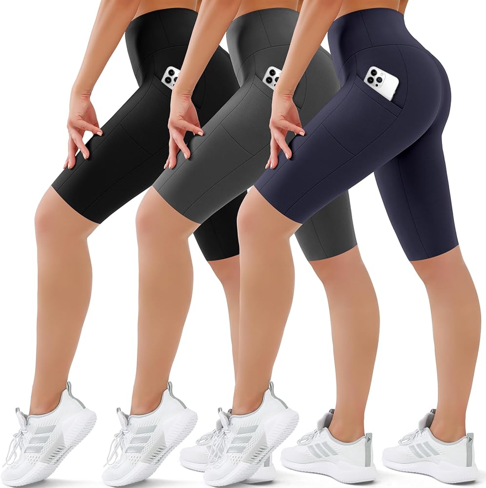 3 Pack Biker Shorts for Women Tummy Control Workout Yoga Gym Running Shorts with Pockets