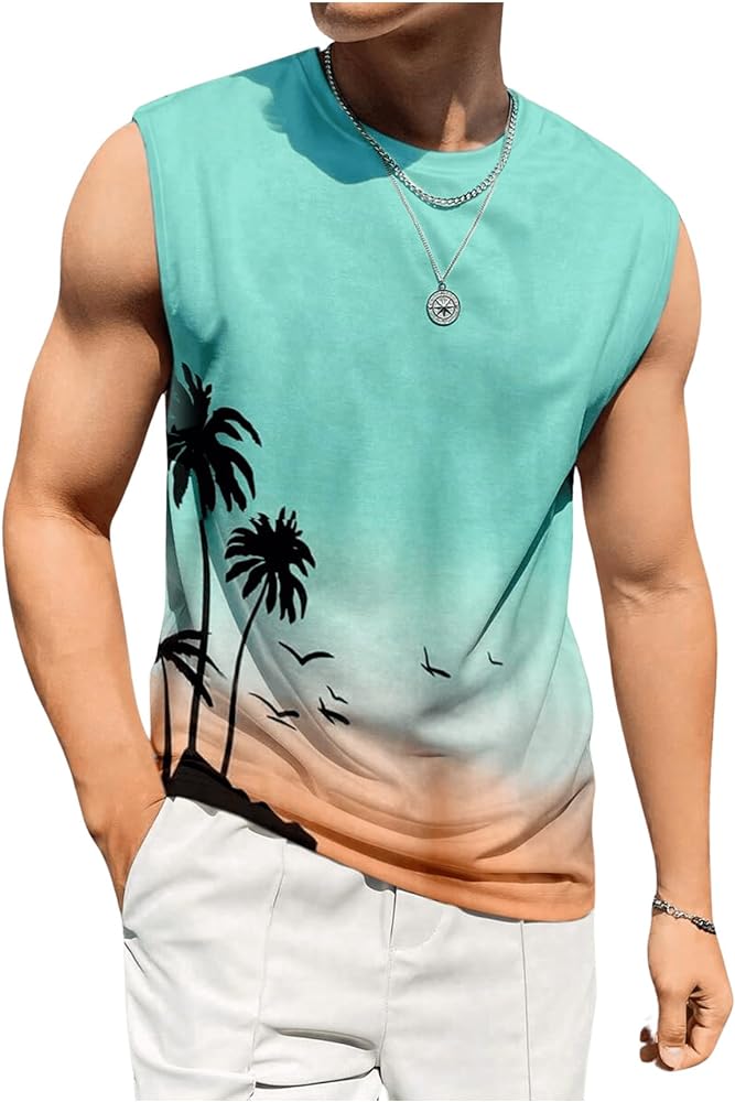 Men's Summer Tank Top Tropical Hawaiian Crewneck Sleeveless Tank Tops Casual Beach Tank Shirts