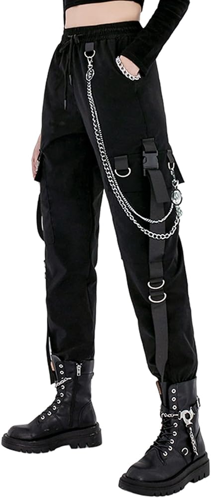 MEINVQIAOTI Black Cargo Pants for Women Techwear Women Loose Street Rock Style Casual Black Pants with Chain Goth Pants